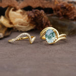 Unique Twisted, Entwined 4-Prong Oval-Cut Moss Agate Bridal Ring Set - White-Gold