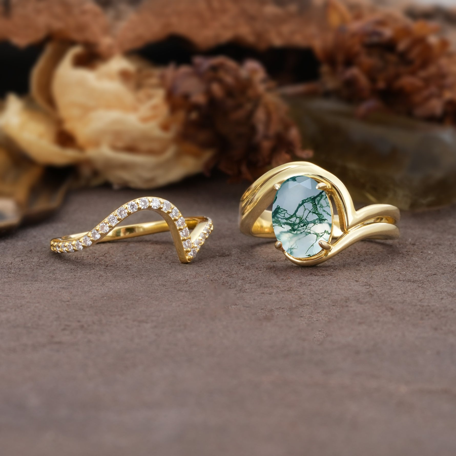 Unique Twisted, Entwined 4-Prong Oval-Cut Moss Agate Bridal Ring Set - White-Gold