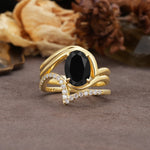 Unique Twisted, Entwined 4-Prong Oval-Cut Black Onyx Bridal Ring Set - Yellow-Gold