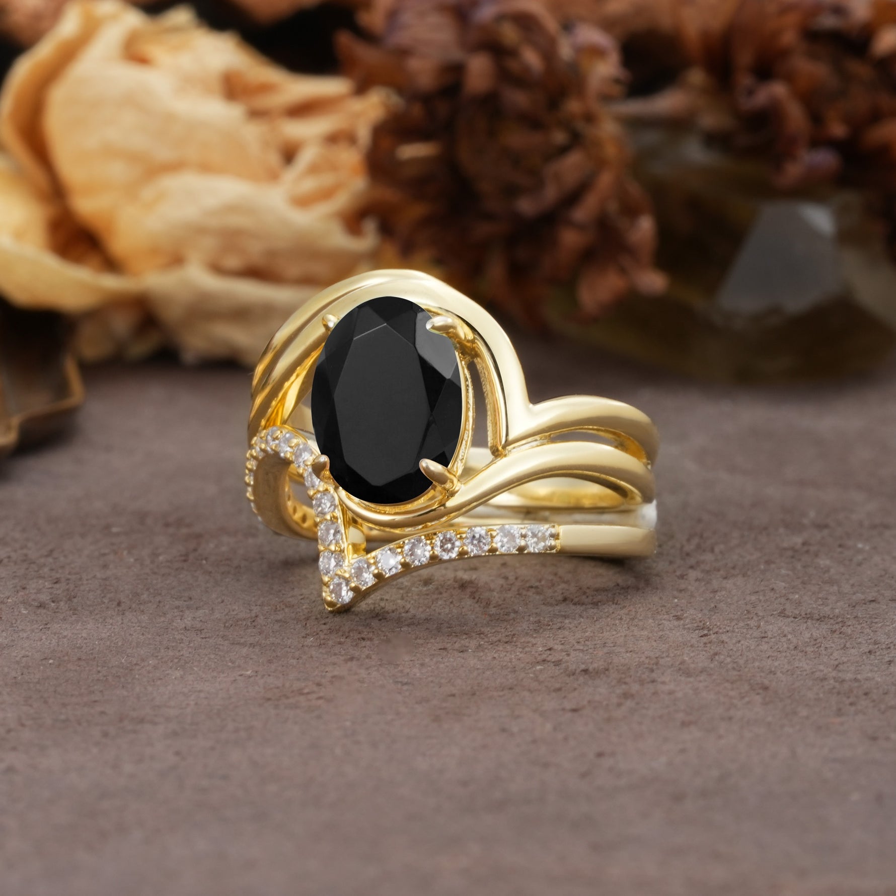 Unique Twisted, Entwined 4-Prong Oval-Cut Black Onyx Bridal Ring Set - Rose-Gold