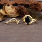 Unique Twisted, Entwined 4-Prong Oval-Cut Black Onyx Bridal Ring Set - White-Gold