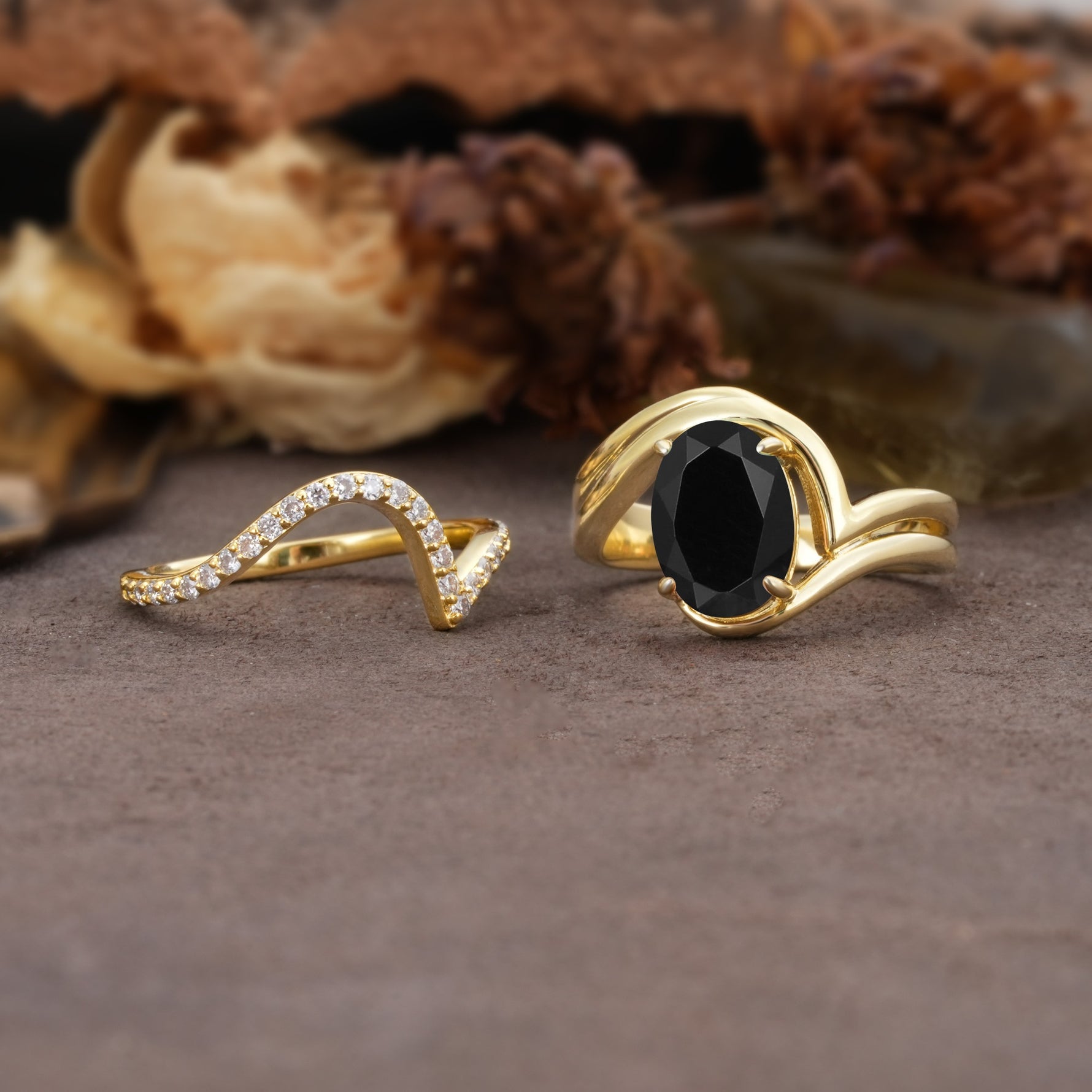 Unique Twisted, Entwined 4-Prong Oval-Cut Black Onyx Bridal Ring Set - White-Gold