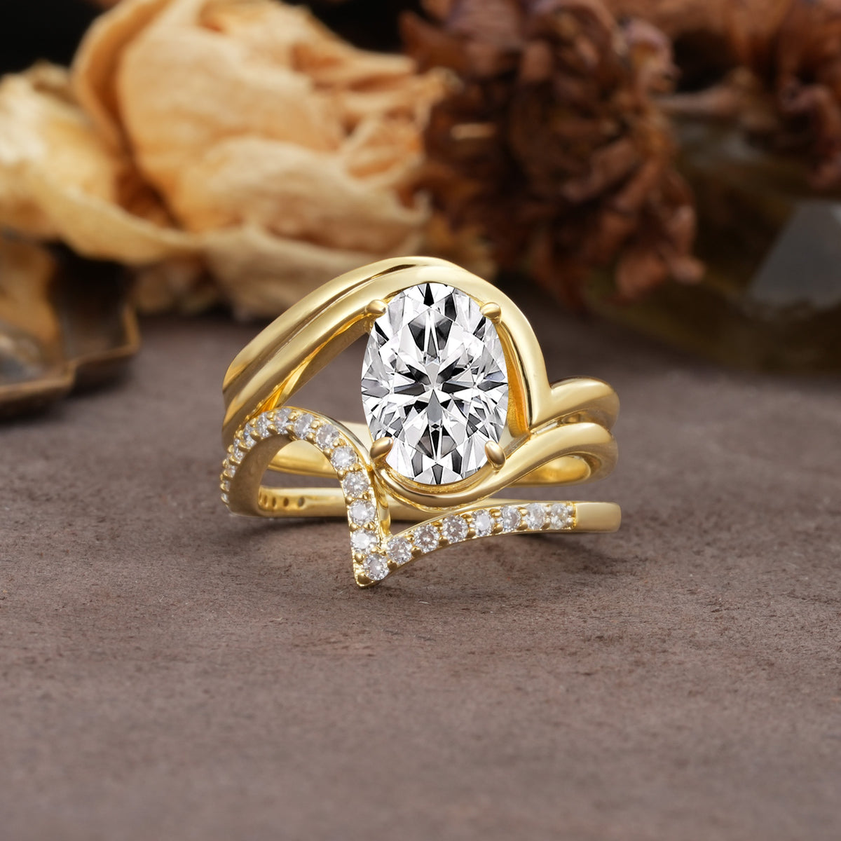 Unique Twisted, Entwined 4-Prong Oval-Cut Lab Diamond Bridal Ring Set - Yellow-Gold