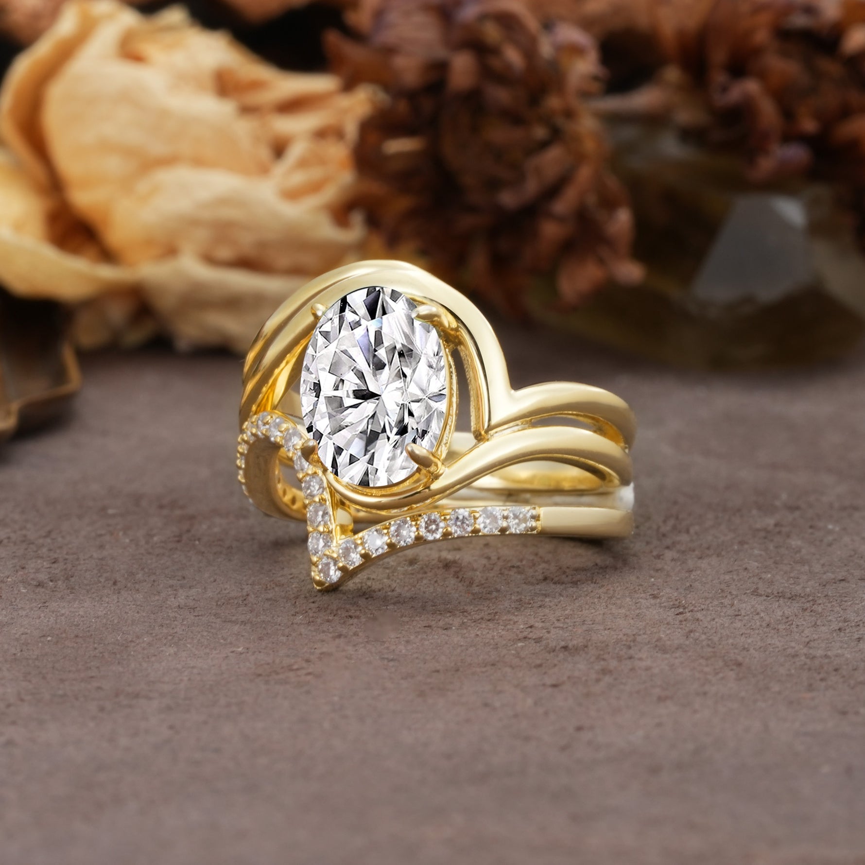 Unique Twisted, Entwined 4-Prong Oval-Cut Lab Diamond Bridal Ring Set - Rose-Gold