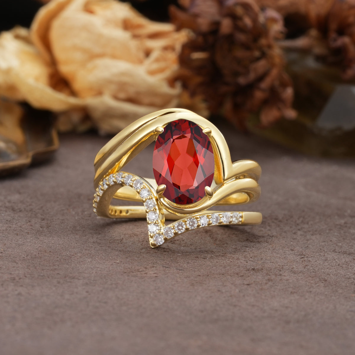 Unique Twisted, Entwined 4-Prong Oval-Cut Garnet Bridal Ring Set - Yellow-Gold