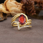 Unique Twisted, Entwined 4-Prong Oval-Cut Garnet Bridal Ring Set - Yellow-Gold