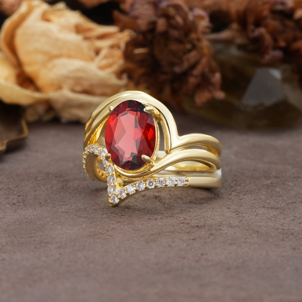 Unique Twisted, Entwined 4-Prong Oval-Cut Garnet Bridal Ring Set - Rose-Gold
