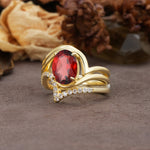 Unique Twisted, Entwined 4-Prong Oval-Cut Garnet Bridal Ring Set - Rose-Gold