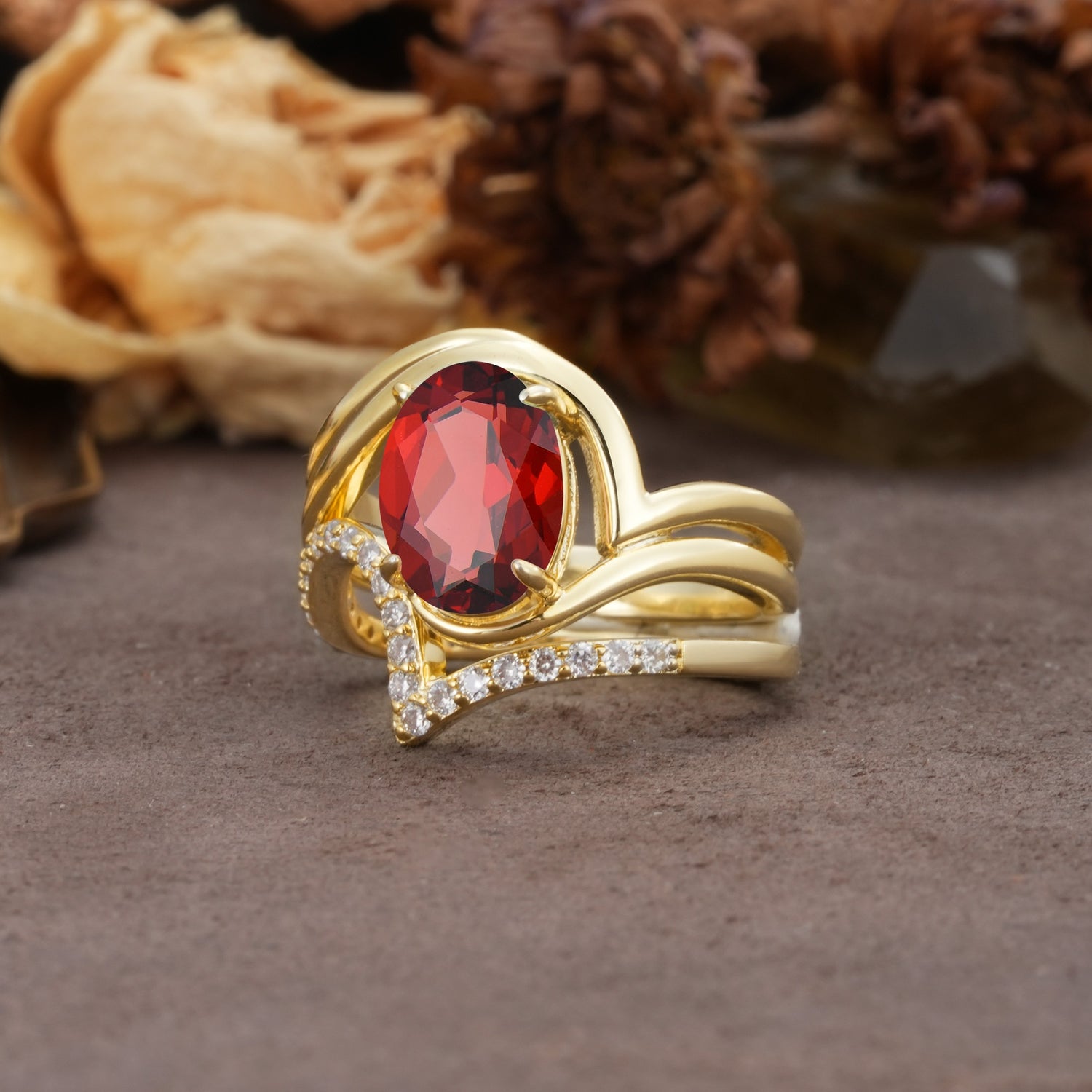 Unique Twisted, Entwined 4-Prong Oval-Cut Garnet Bridal Ring Set - Rose-Gold