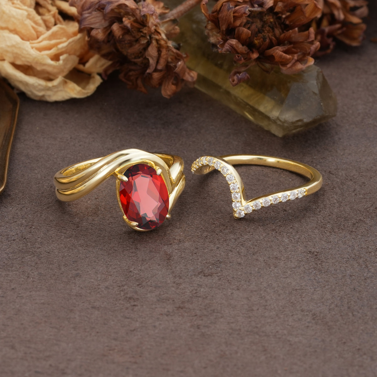 Unique Twisted, Entwined 4-Prong Oval-Cut Garnet Bridal Ring Set - Additional view