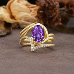 Unique Twisted, Entwined 4-Prong Oval-Cut Amethyst Bridal Ring Set - Yellow-Gold