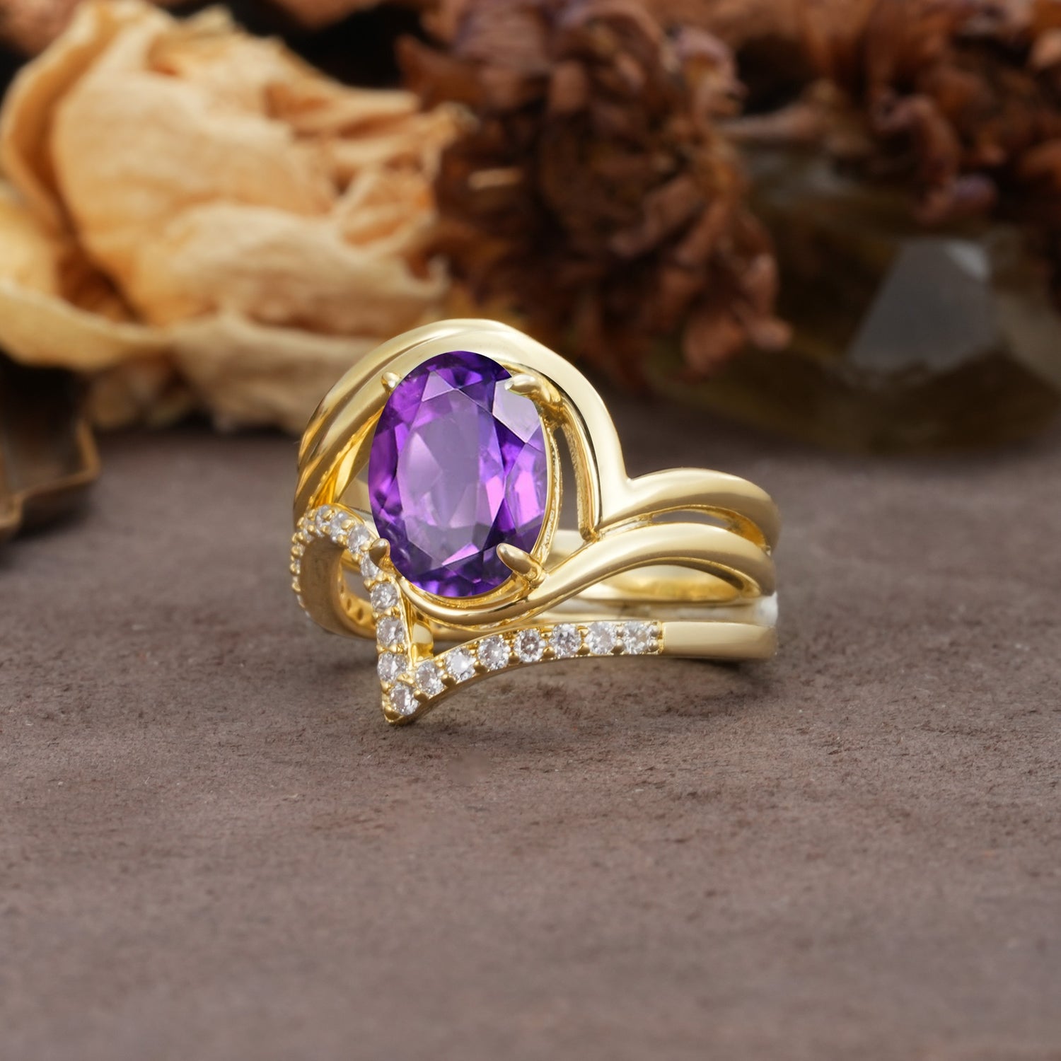 Unique Twisted, Entwined 4-Prong Oval-Cut Amethyst Bridal Ring Set - Rose-Gold