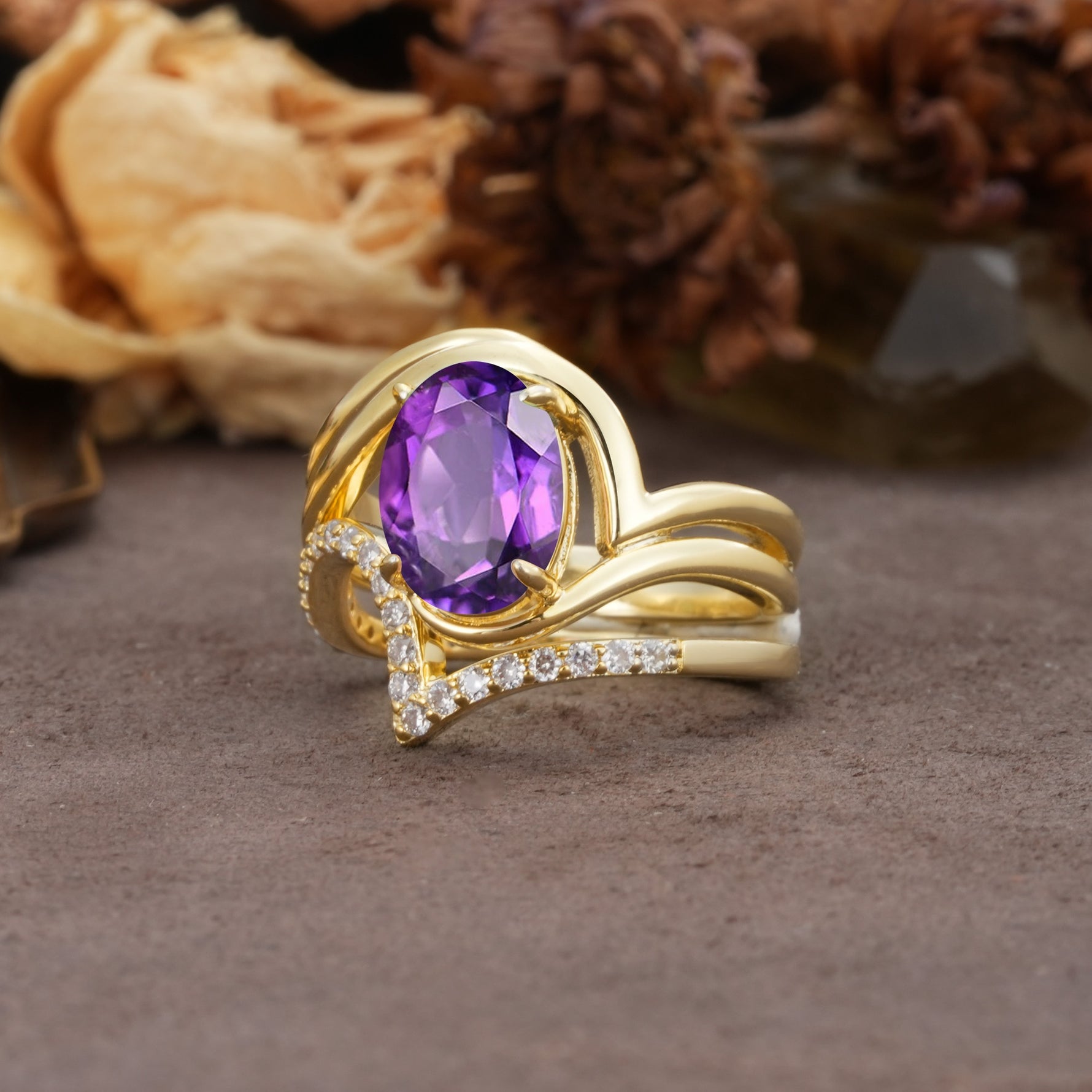 Unique Twisted, Entwined 4-Prong Oval-Cut Amethyst Bridal Ring Set - Rose-Gold