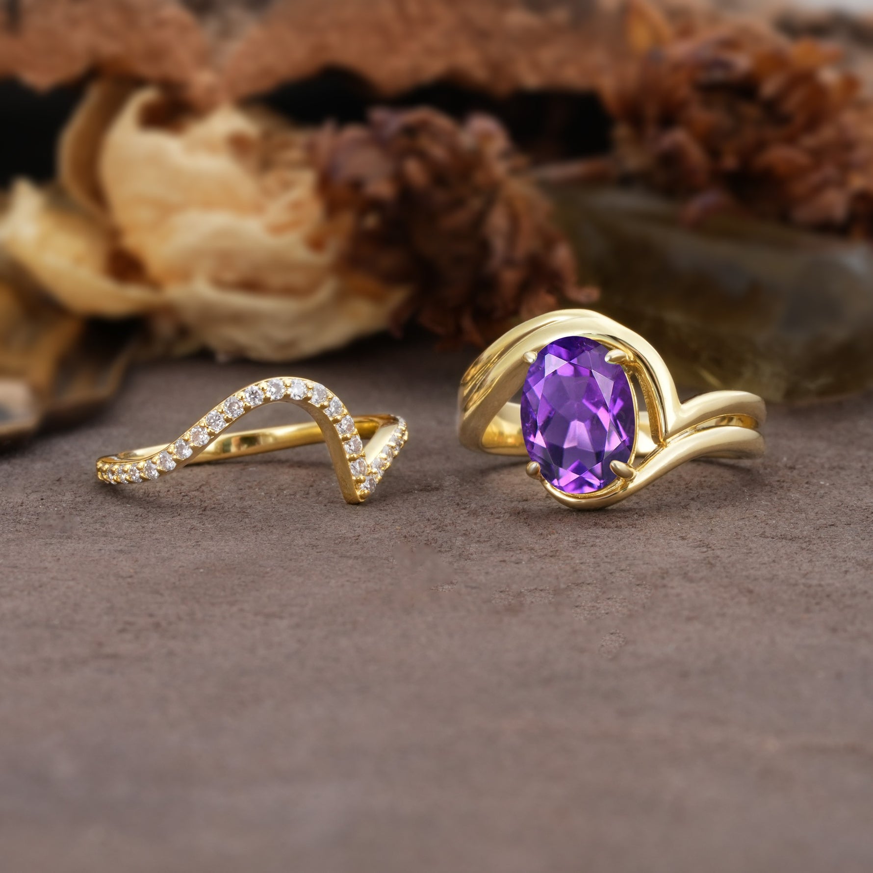 Unique Twisted, Entwined 4-Prong Oval-Cut Amethyst Bridal Ring Set - White-Gold