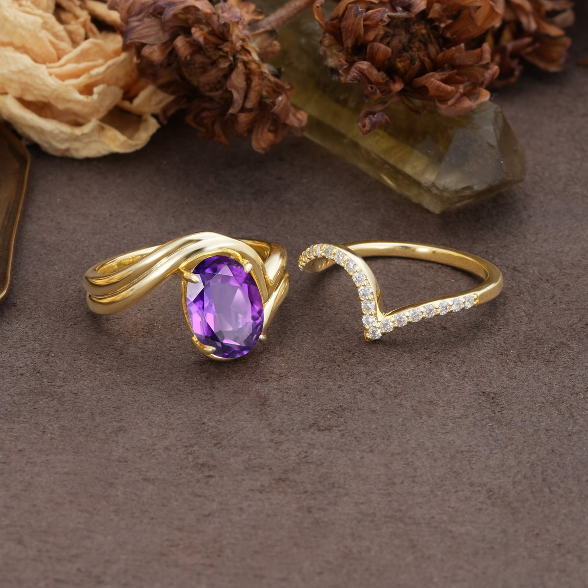 Unique Twisted, Entwined 4-Prong Oval-Cut Amethyst Bridal Ring Set - Additional view