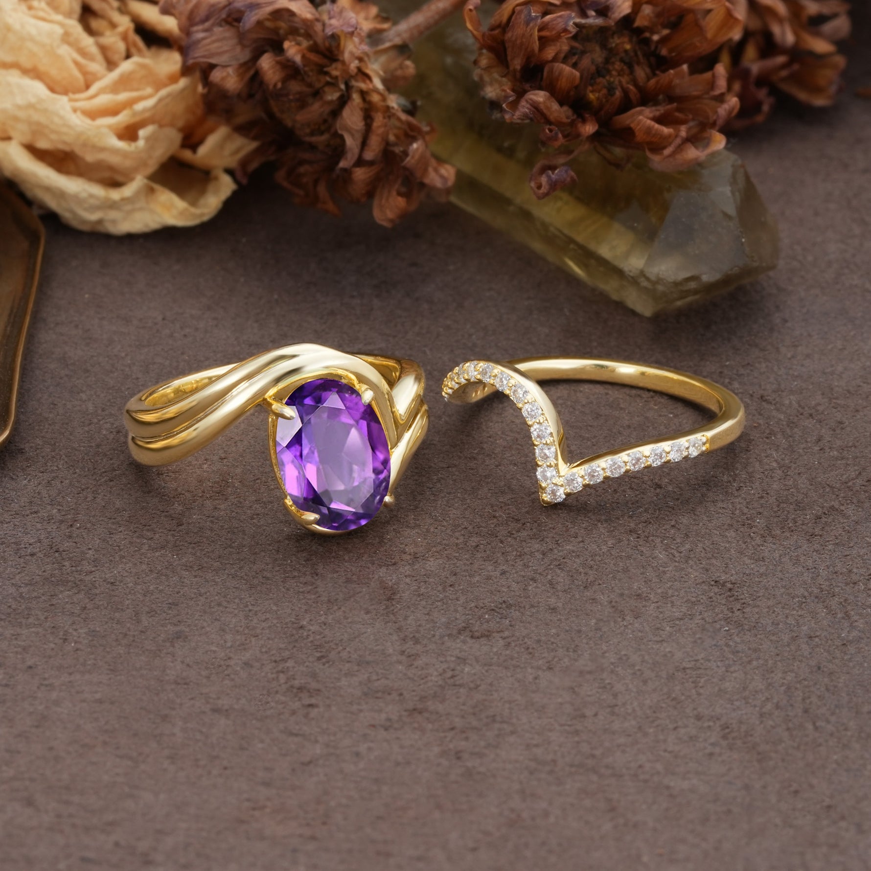 Unique Twisted, Entwined 4-Prong Oval-Cut Amethyst Bridal Ring Set - Additional view