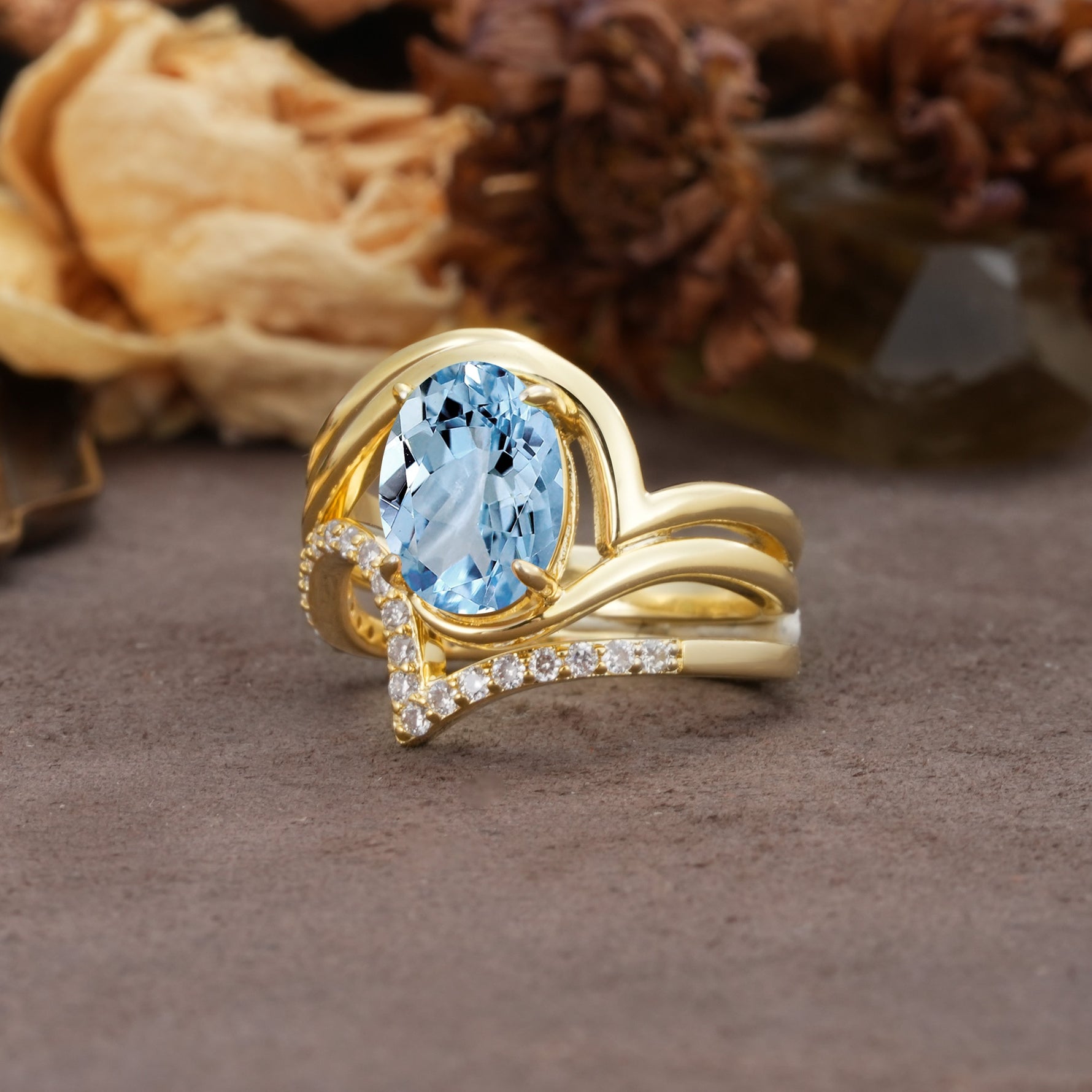 Unique Twisted, Entwined 4-Prong Oval-Cut Aquamarine Bridal Ring Set - Rose-Gold