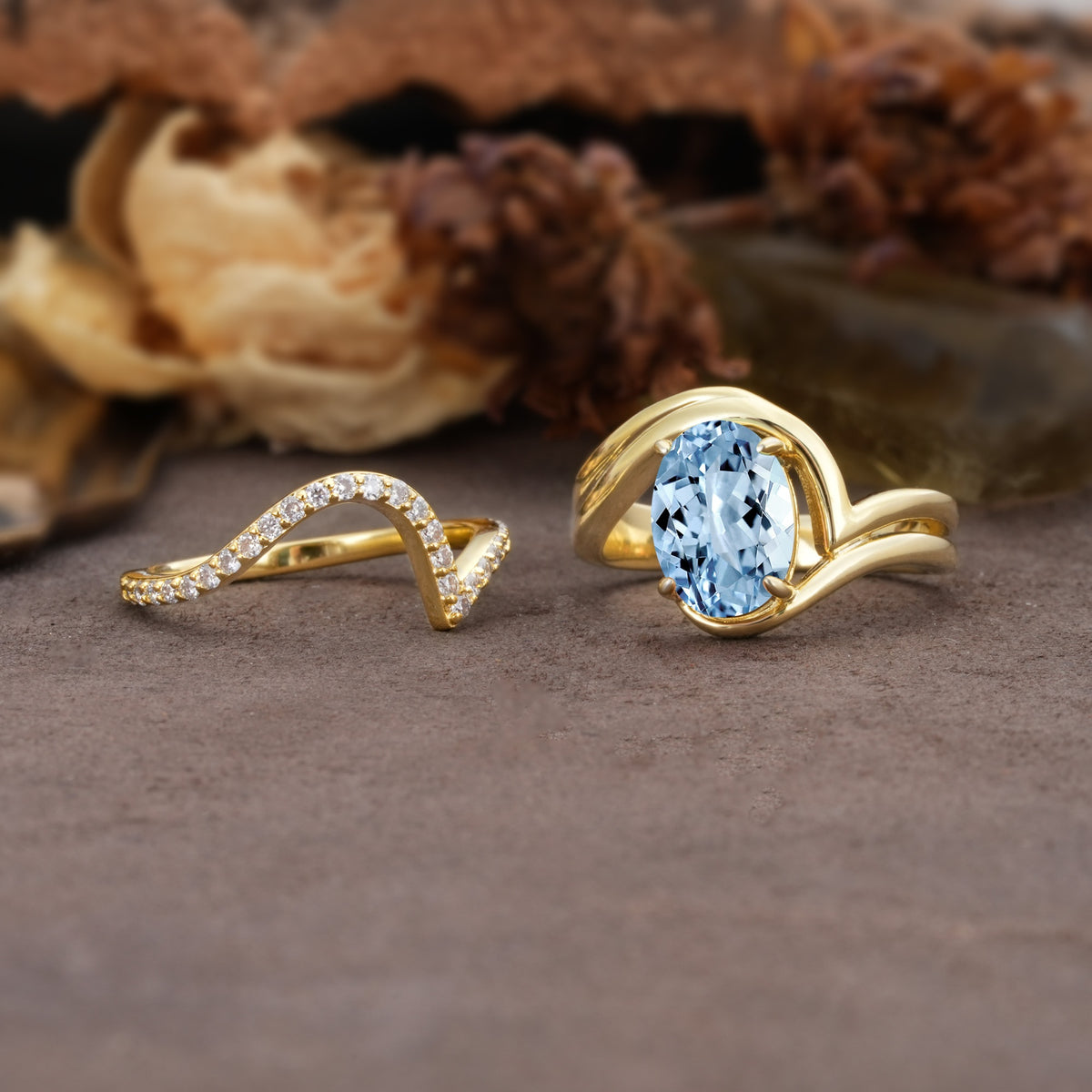 Unique Twisted, Entwined 4-Prong Oval-Cut Aquamarine Bridal Ring Set - White-Gold