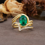 Unique Twisted, Entwined 4-Prong Oval-Cut Emerald Bridal Ring Set - Yellow-Gold