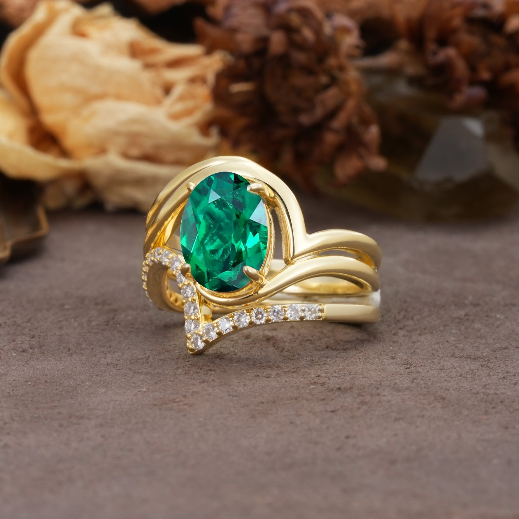 Unique Twisted, Entwined 4-Prong Oval-Cut Emerald Bridal Ring Set - Rose-Gold