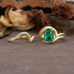 Unique Twisted, Entwined 4-Prong Oval-Cut Emerald Bridal Ring Set - White-Gold