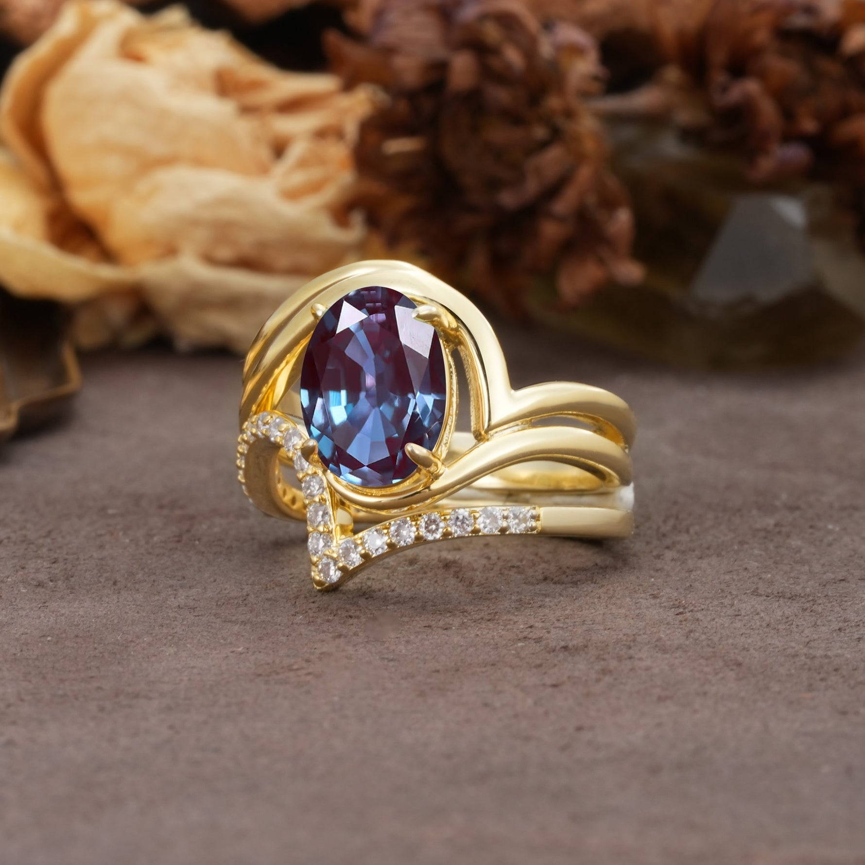 Unique Twisted, Entwined 4-Prong Oval-Cut Alexandrite Bridal Ring Set - Rose-Gold