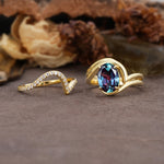 Unique Twisted, Entwined 4-Prong Oval-Cut Alexandrite Bridal Ring Set - White-Gold