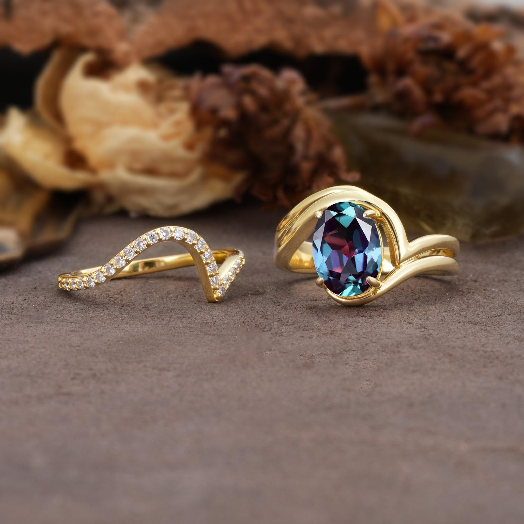 Unique Twisted, Entwined 4-Prong Oval-Cut Alexandrite Bridal Ring Set - White-Gold