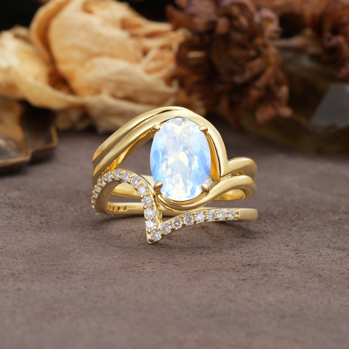 Unique Twisted, Entwined 4-Prong Oval-Cut Moonstone Bridal Ring Set - Yellow-Gold