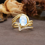Unique Twisted, Entwined 4-Prong Oval-Cut Moonstone Bridal Ring Set - Yellow-Gold