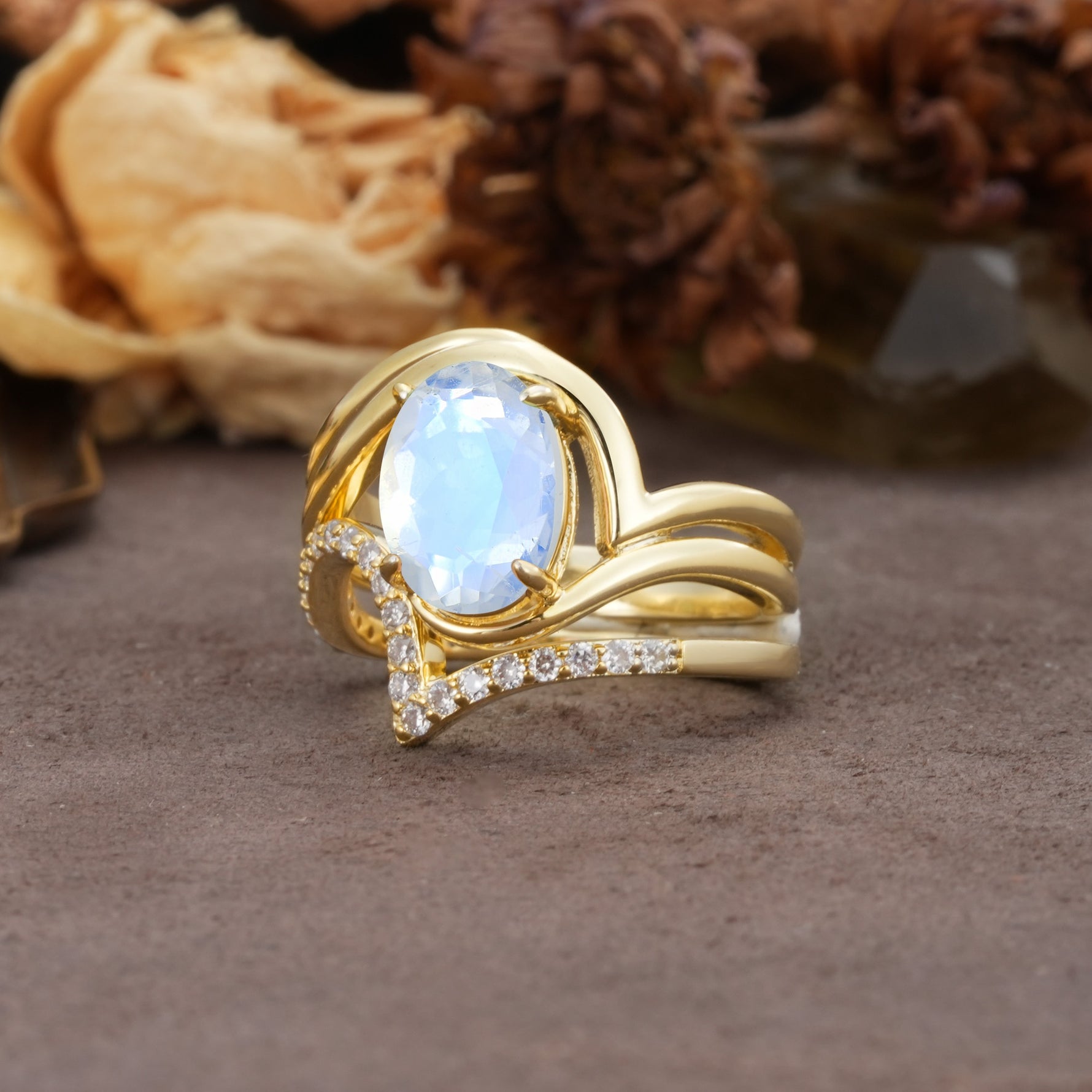 Unique Twisted, Entwined 4-Prong Oval-Cut Moonstone Bridal Ring Set - Rose-Gold