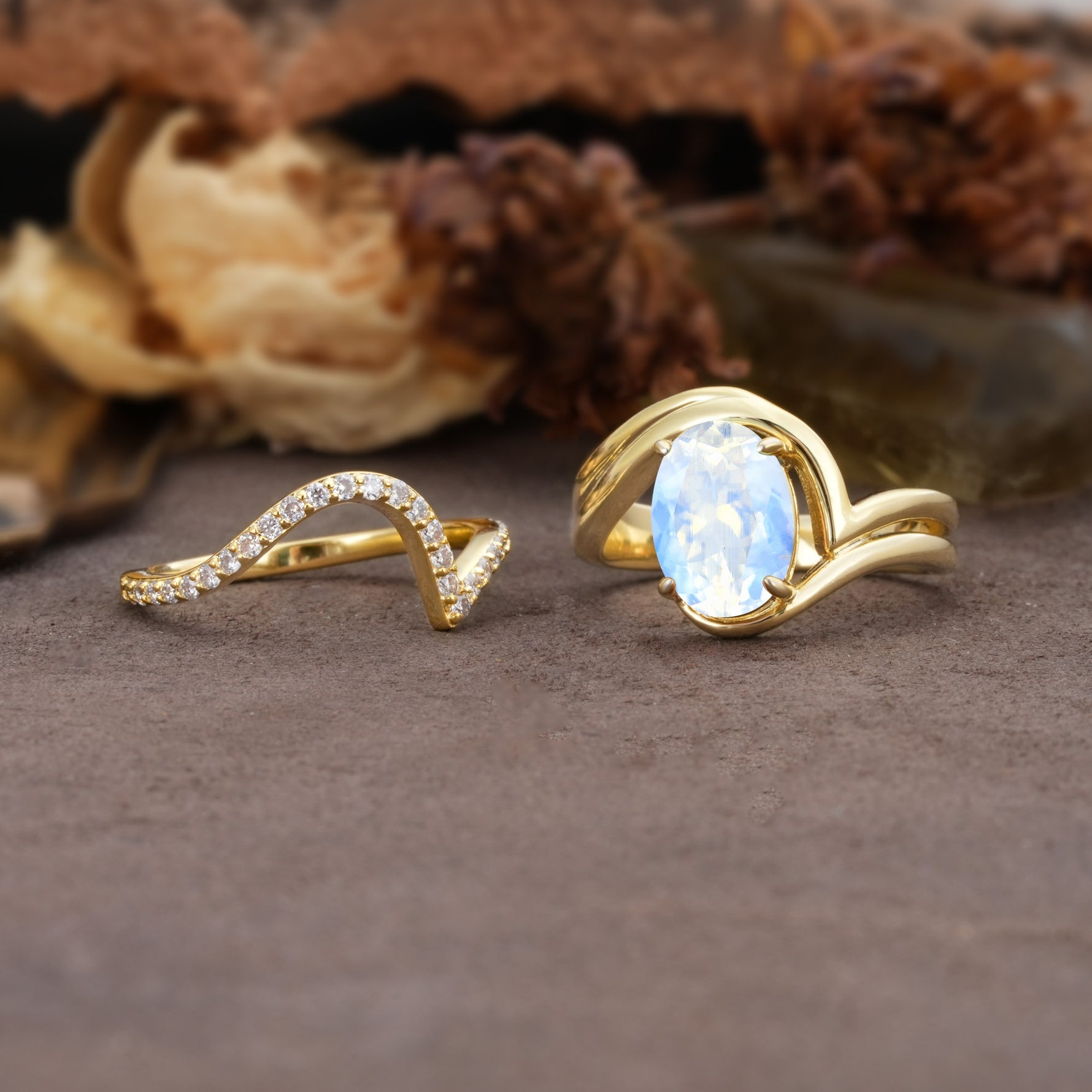 Unique Twisted, Entwined 4-Prong Oval-Cut Moonstone Bridal Ring Set - White-Gold