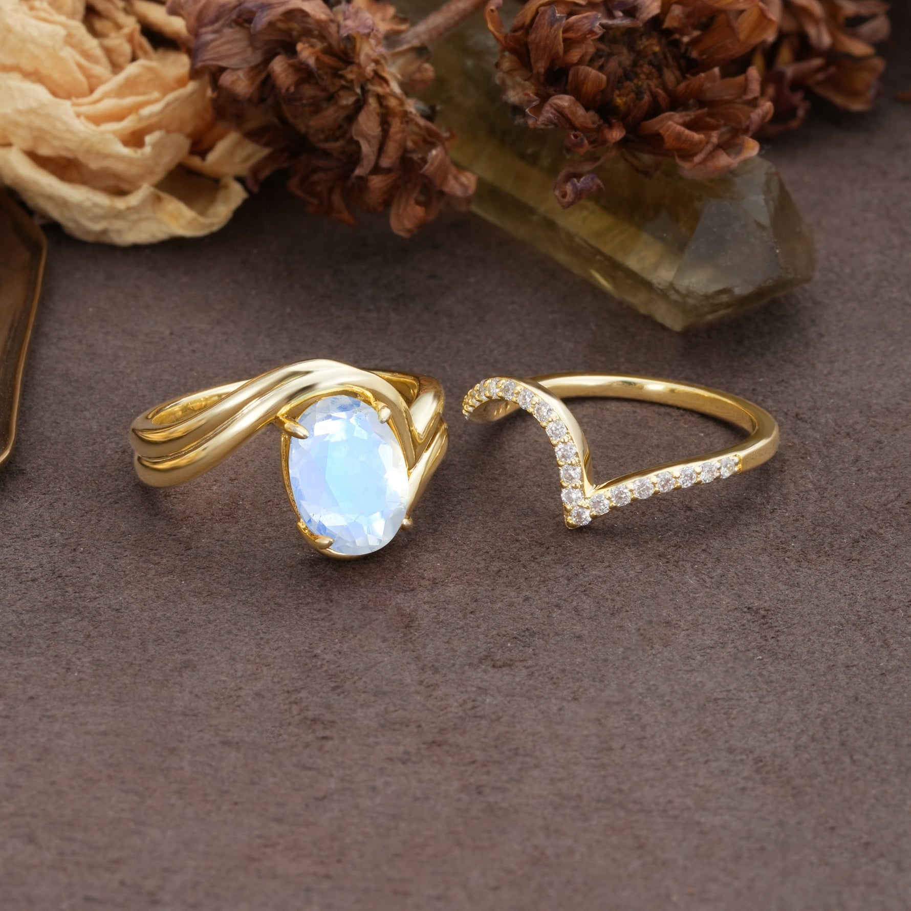 Unique Twisted, Entwined 4-Prong Oval-Cut Moonstone Bridal Ring Set - Additional view