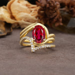 Unique Twisted, Entwined 4-Prong Oval-Cut Ruby Bridal Ring Set - Yellow-Gold