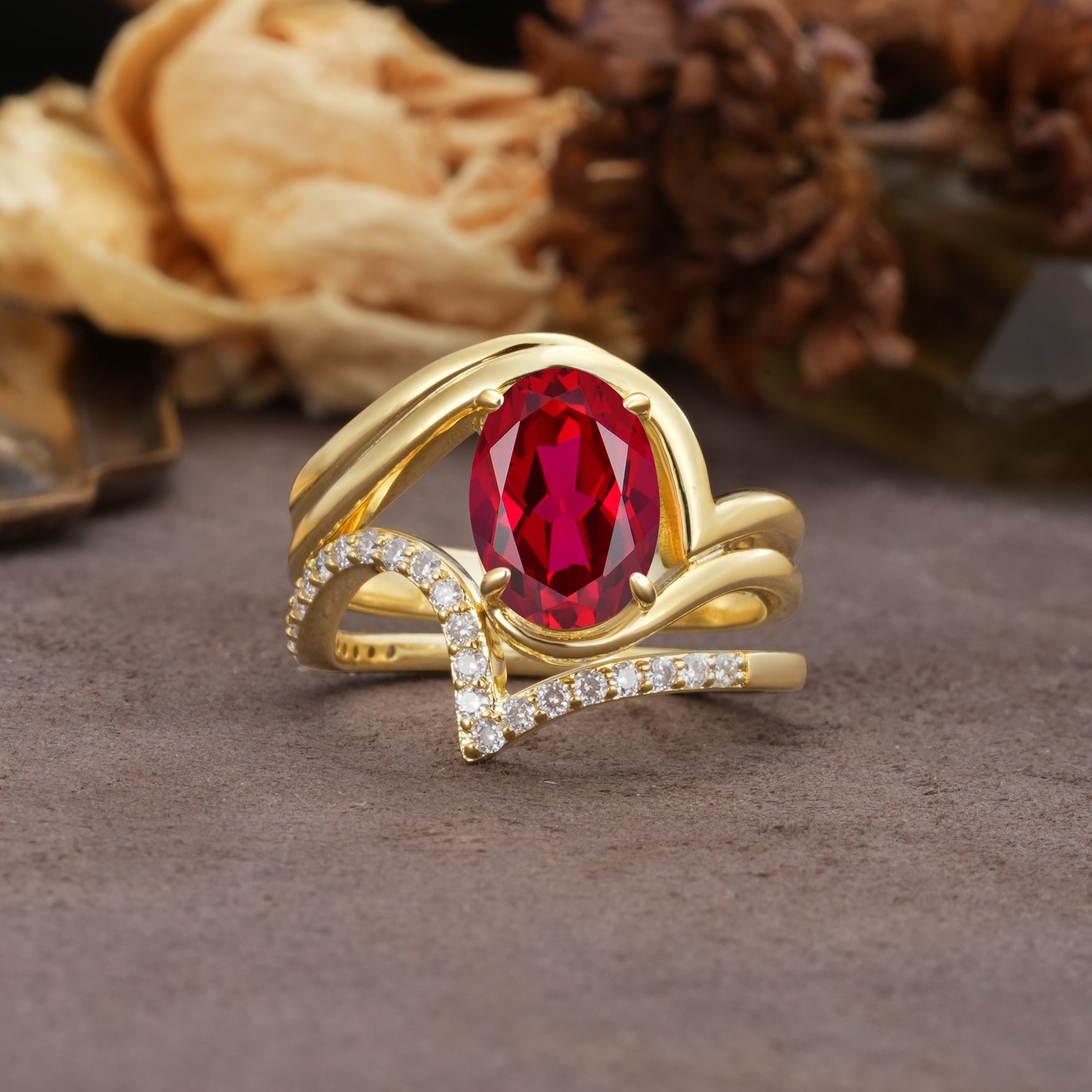 Unique Twisted, Entwined 4-Prong Oval-Cut Ruby Bridal Ring Set - Yellow-Gold