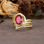 Unique Twisted, Entwined 4-Prong Oval-Cut Ruby Bridal Ring Set - Rose-Gold