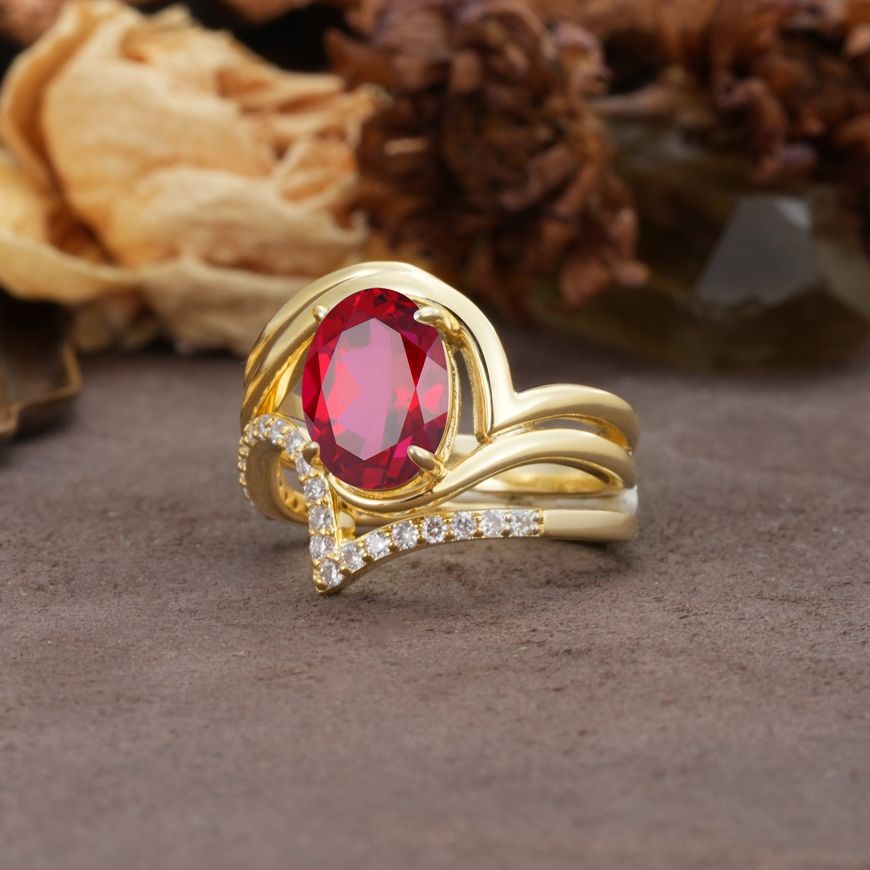 Unique Twisted, Entwined 4-Prong Oval-Cut Ruby Bridal Ring Set - Rose-Gold