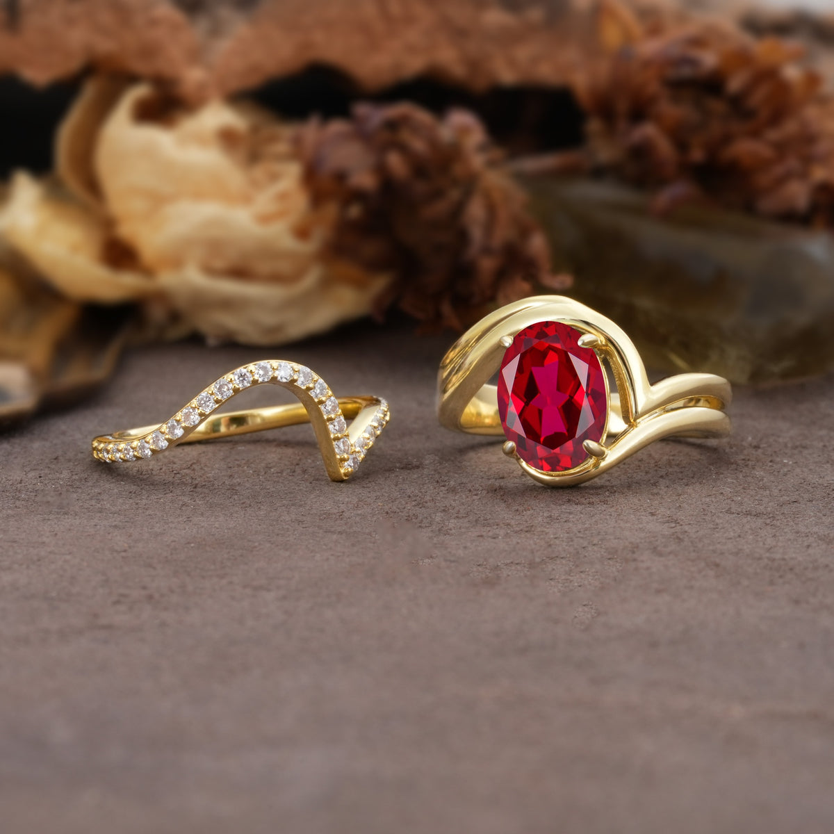 Unique Twisted, Entwined 4-Prong Oval-Cut Ruby Bridal Ring Set - White-Gold
