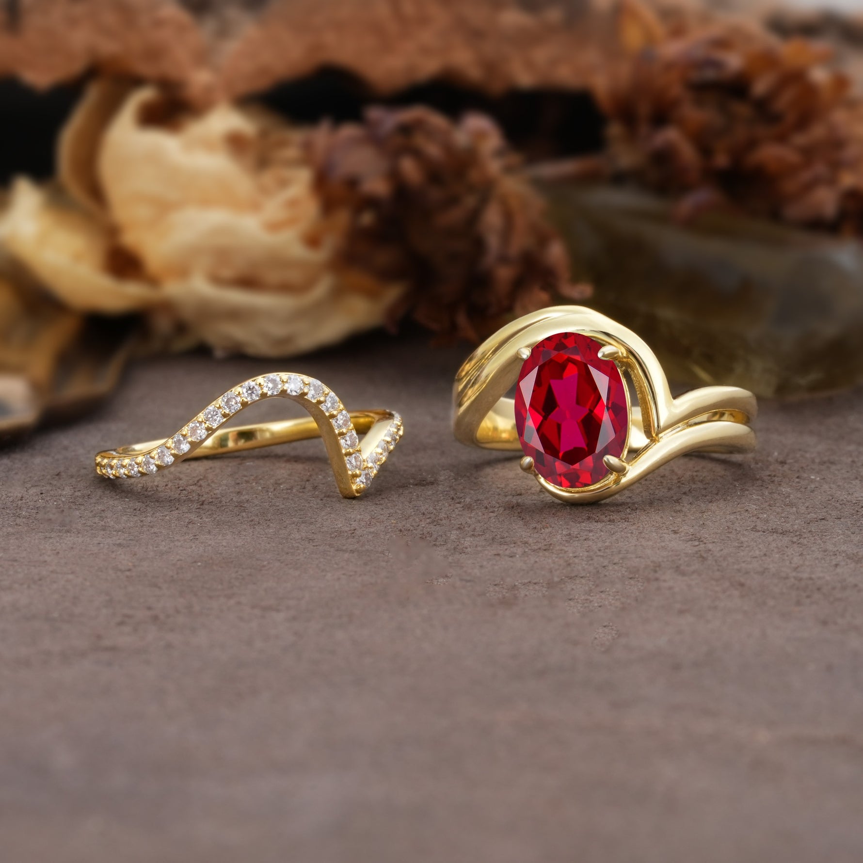 Unique Twisted, Entwined 4-Prong Oval-Cut Ruby Bridal Ring Set - White-Gold