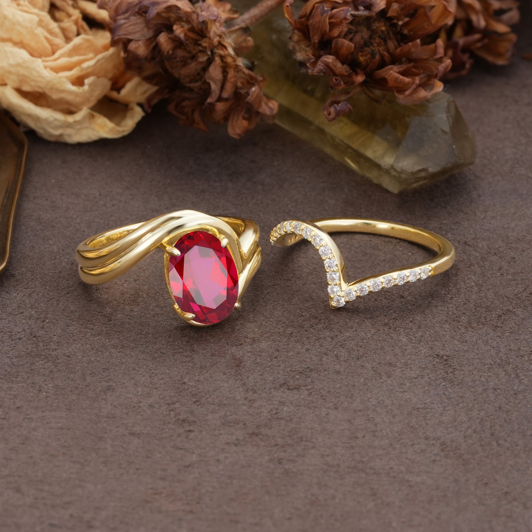 Unique Twisted, Entwined 4-Prong Oval-Cut Ruby Bridal Ring Set - Additional view