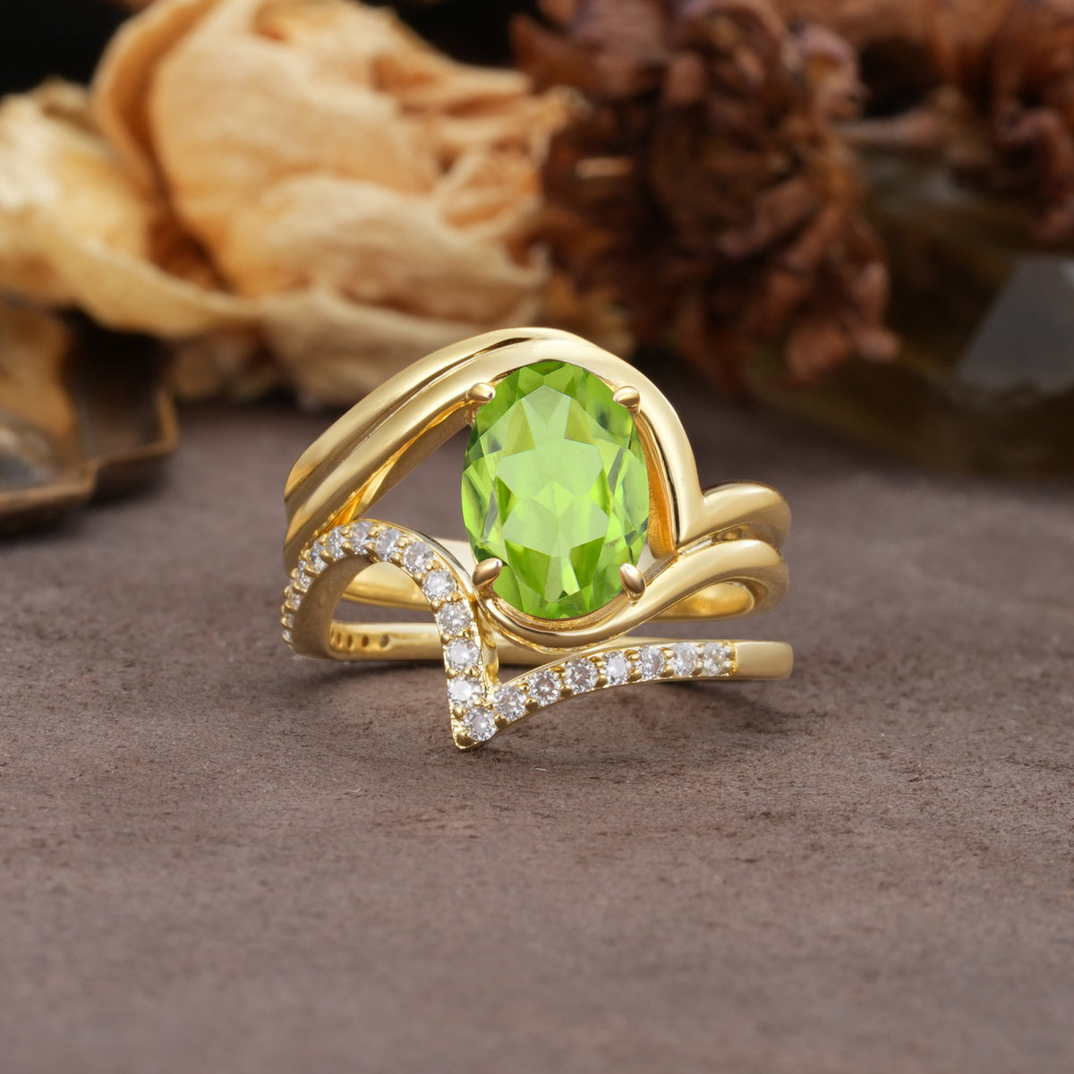 Unique Twisted, Entwined 4-Prong Oval-Cut Peridot Bridal Ring Set - Yellow-Gold