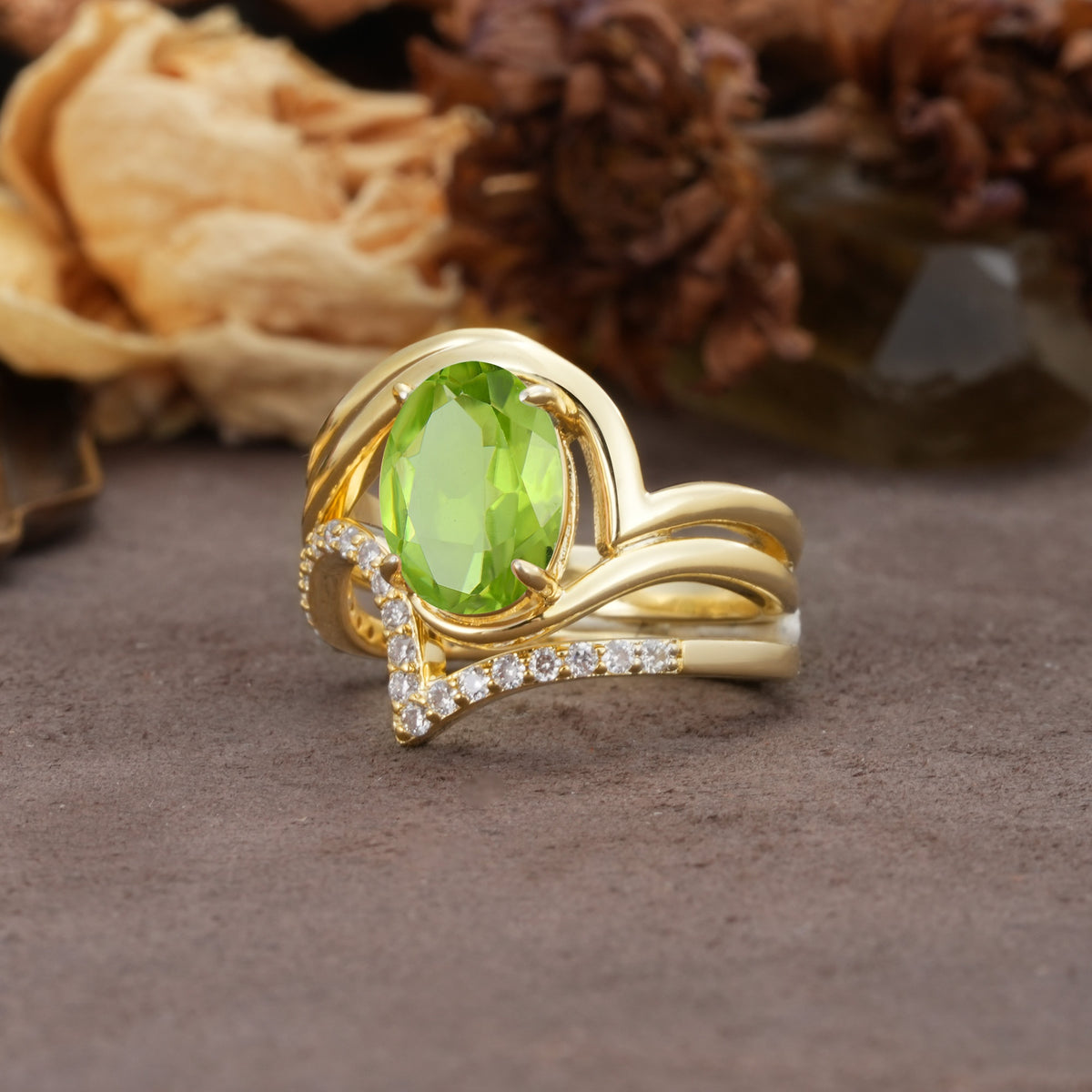 Unique Twisted, Entwined 4-Prong Oval-Cut Peridot Bridal Ring Set - Rose-Gold