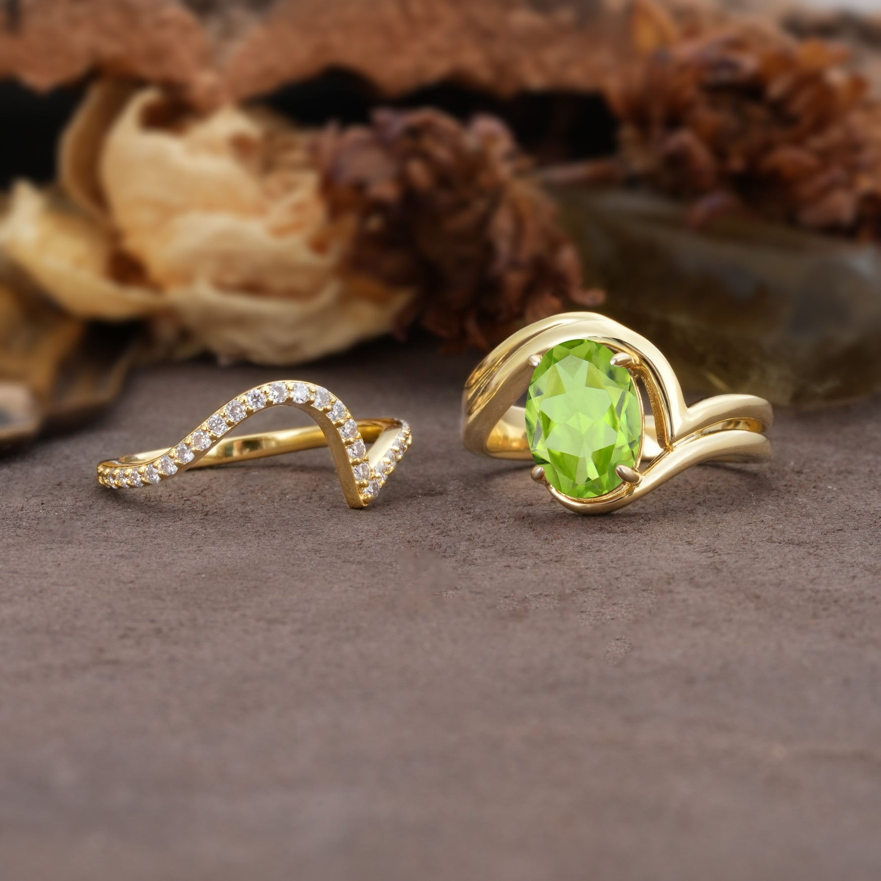 Unique Twisted, Entwined 4-Prong Oval-Cut Peridot Bridal Ring Set - White-Gold
