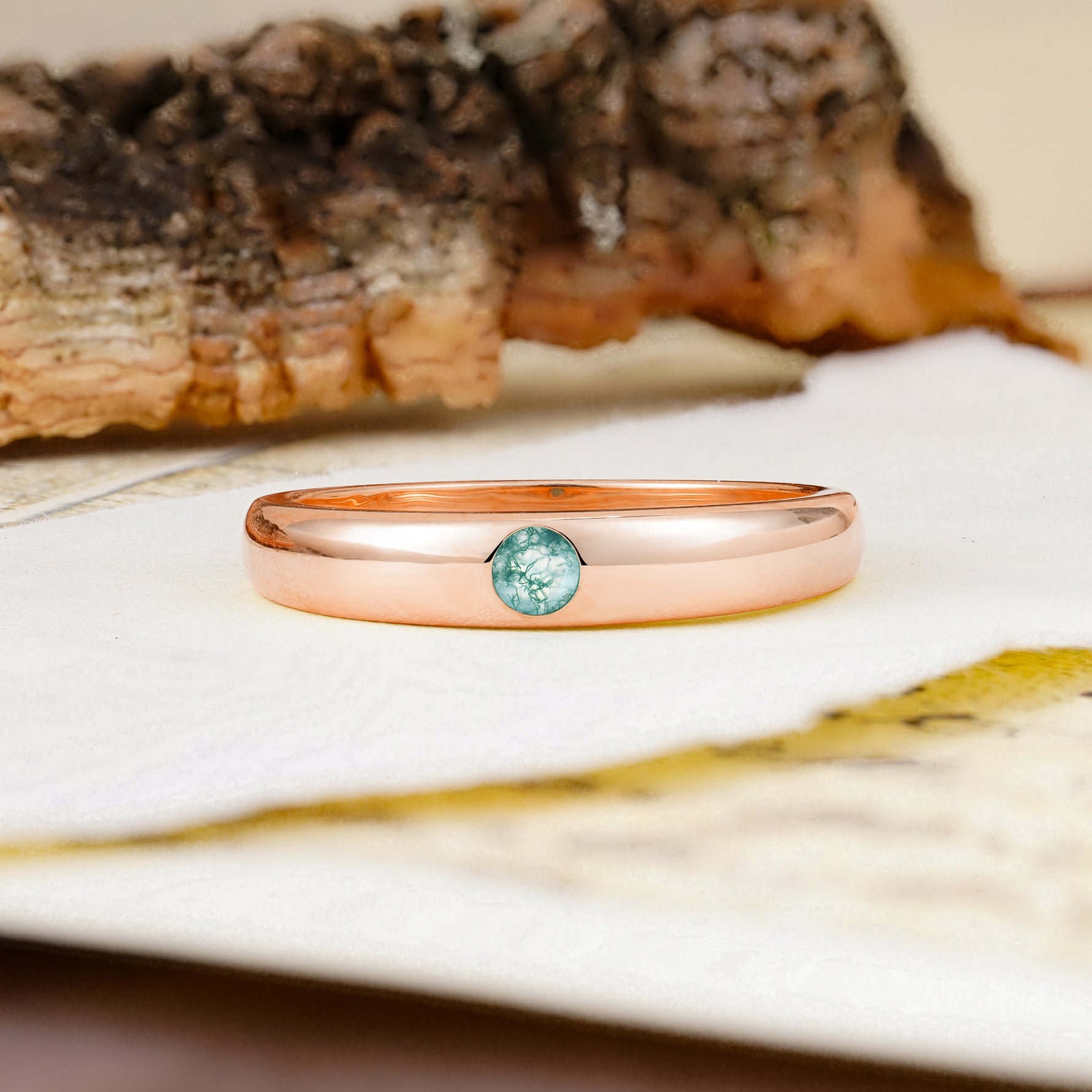 Classic Retro Embedded Round Cut Moss Agate Wedding Ring - Additional view
