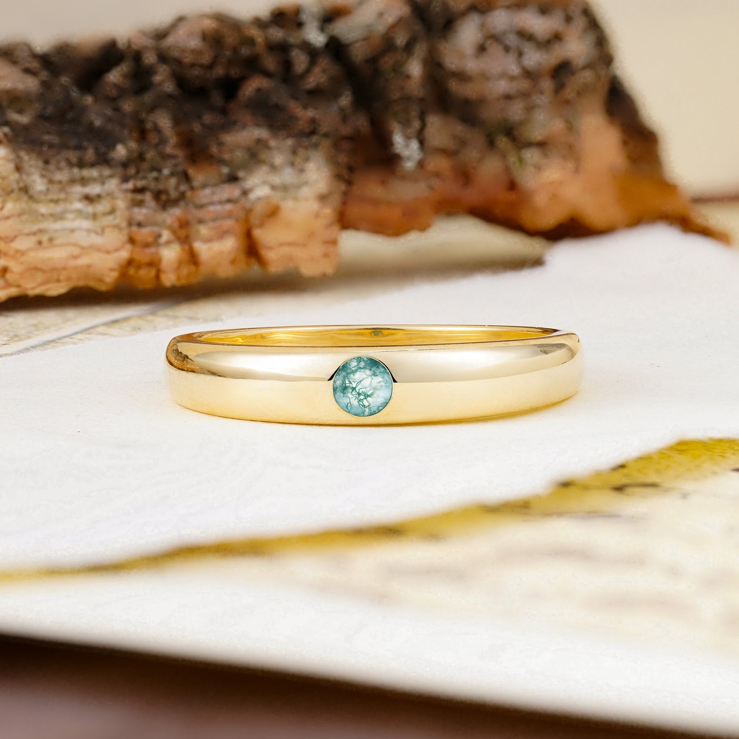 Classic Retro Embedded Round Cut Moss Agate Wedding Ring - Additional view