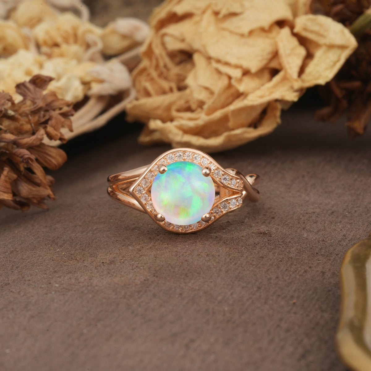 Unique, Luxurious, Twisted 4-Prong Round Cut Fire Opal Engagement Ring - Additional view