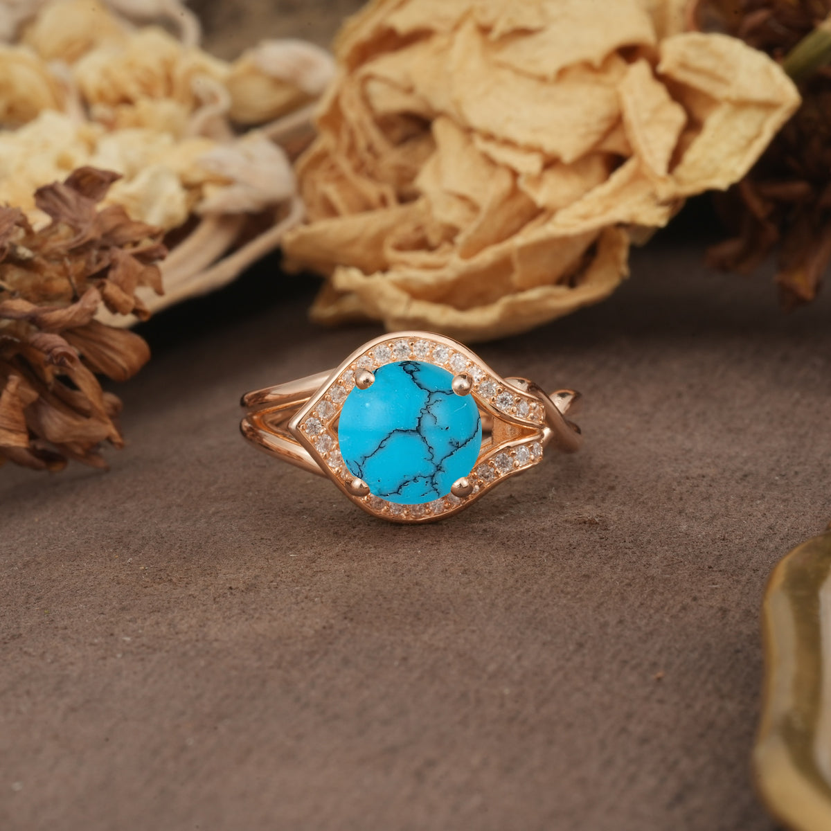 Unique, Luxurious, Twisted 4-Prong Round Cut Turquoise Engagement Ring - Additional view