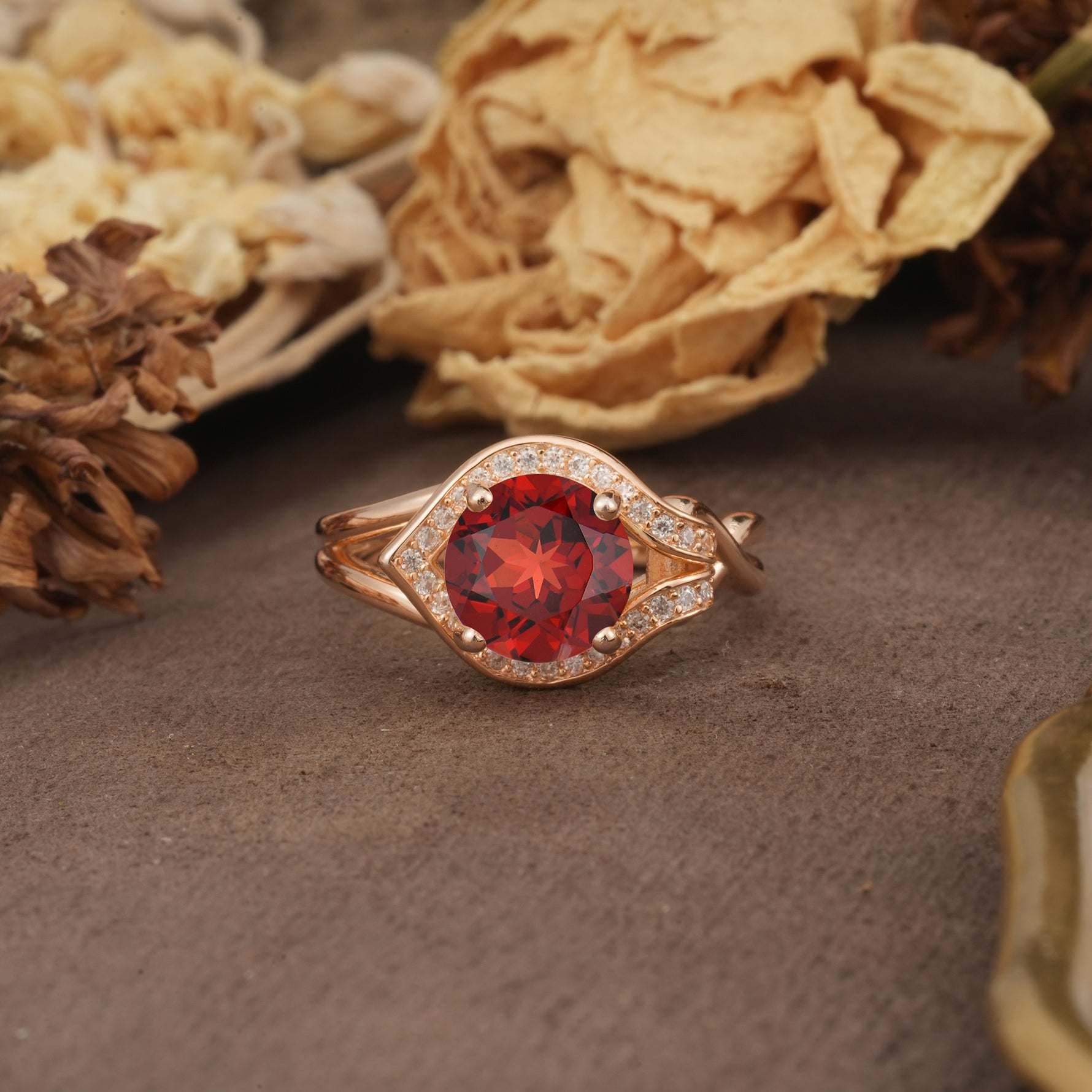 Unique, Luxurious, Twisted 4-Prong Round Cut Garnet Engagement Ring - Additional view
