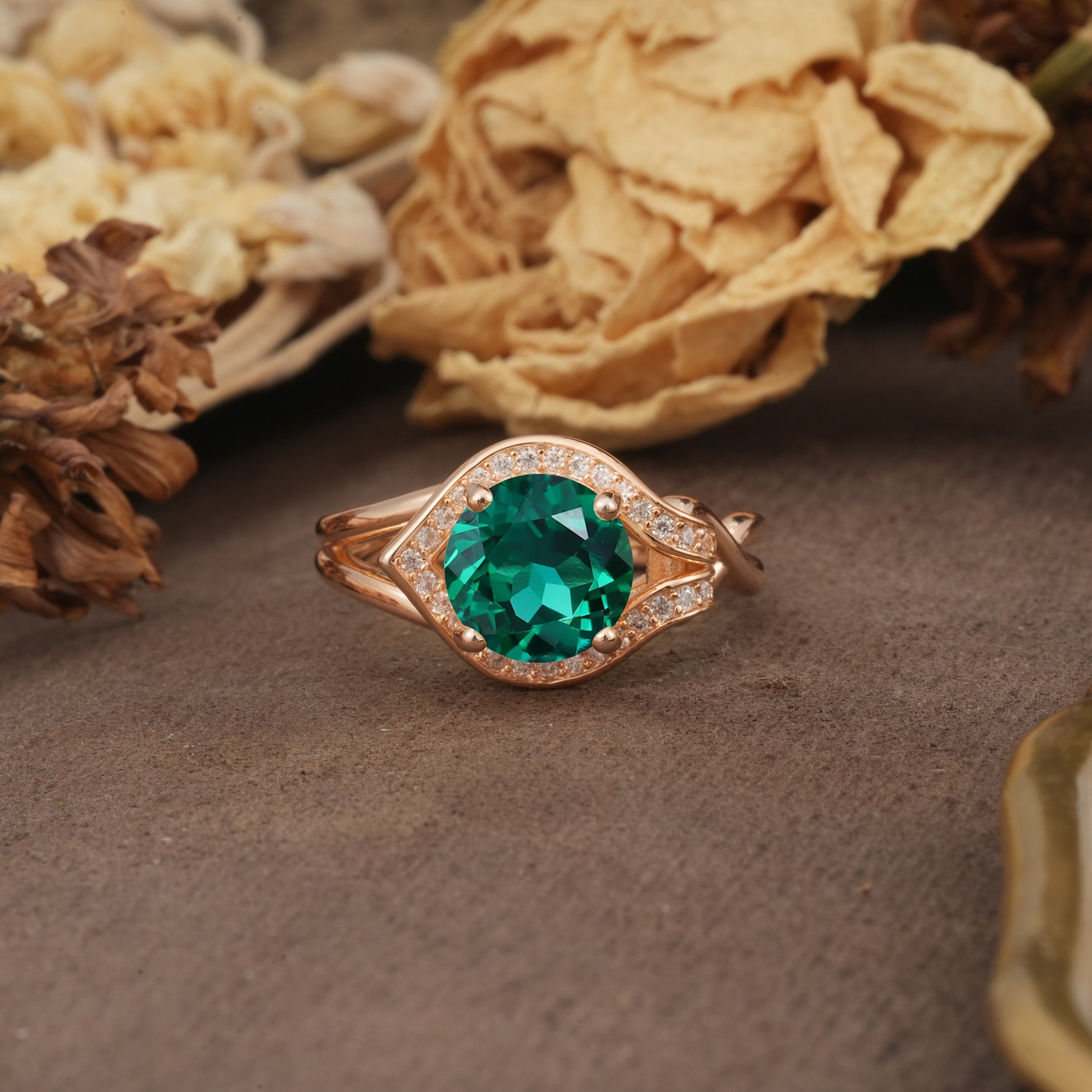 Unique, Luxurious, Twisted 4-Prong Round Cut Emerald Engagement Ring - Additional view