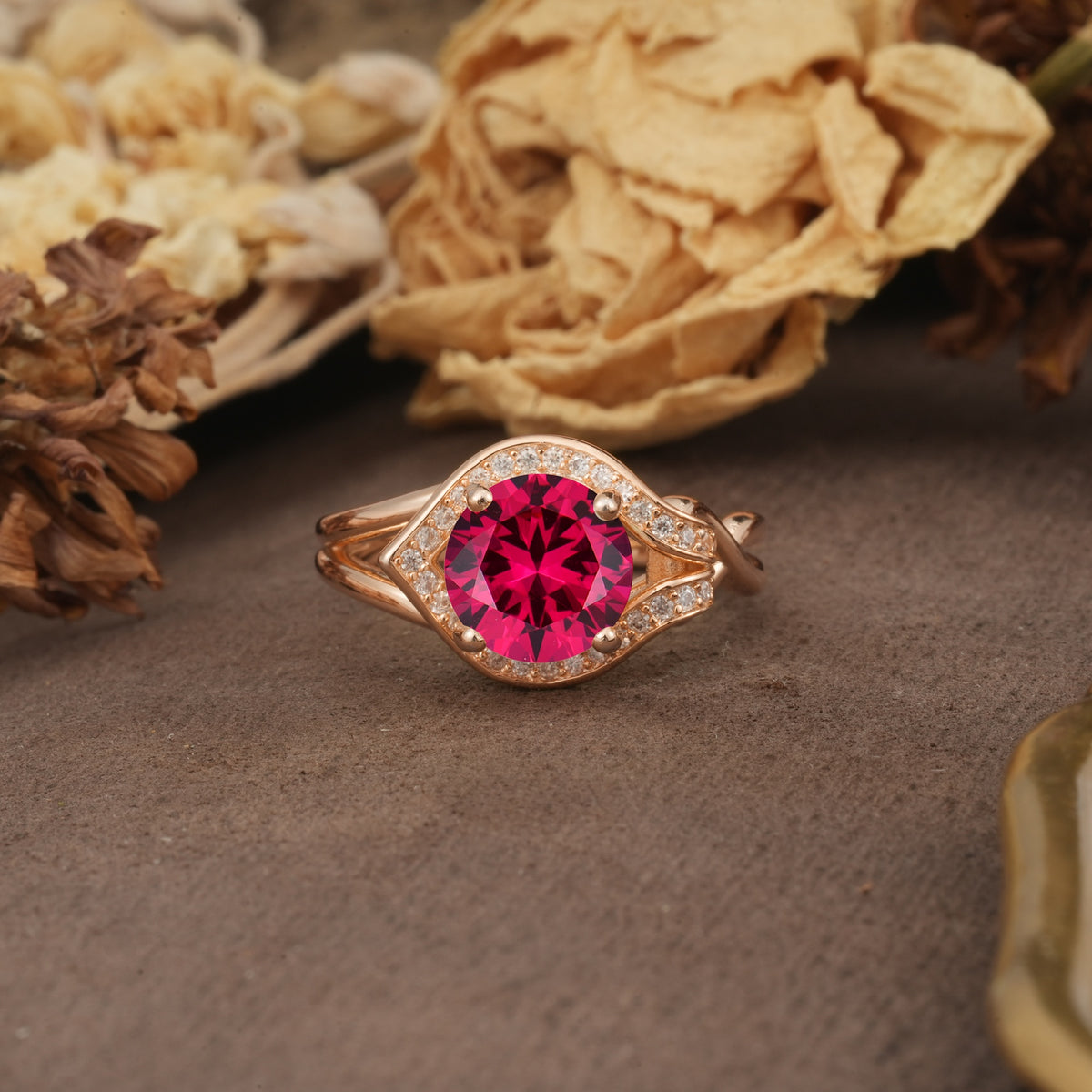Unique, Luxurious, Twisted 4-Prong Round Cut Ruby Engagement Ring - Additional view
